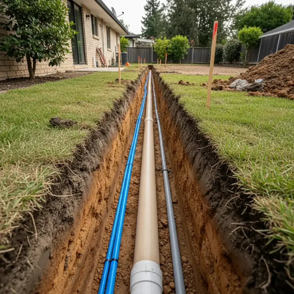 Utility trench dug from main house to ADU site showing water, sewer, and electrical lines