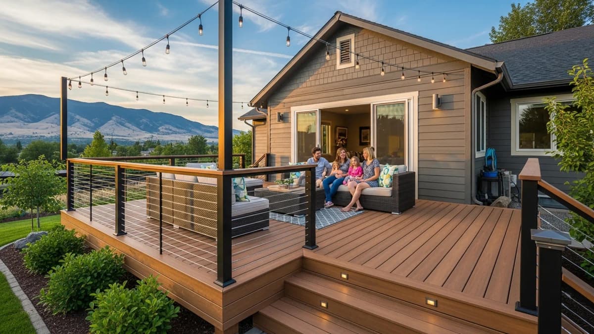 Beautiful completed custom composite deck with mountain views in a Boise Idaho backyard