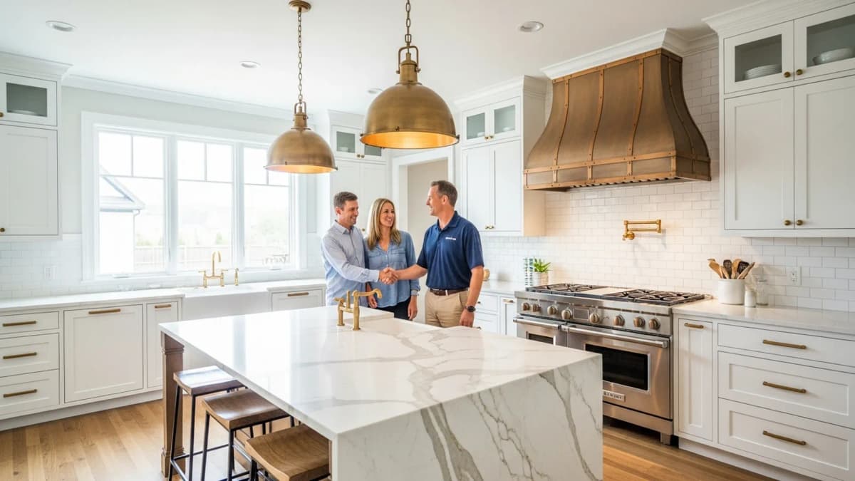 Happy homeowners celebrating their finished custom kitchen remodel with Iron Crest contractor in Boise Idaho