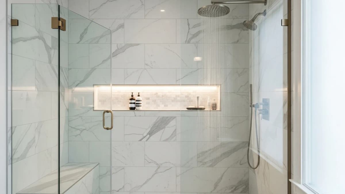Luxury walk-in shower with flowing water and frameless glass in a Boise Idaho custom bathroom renovation