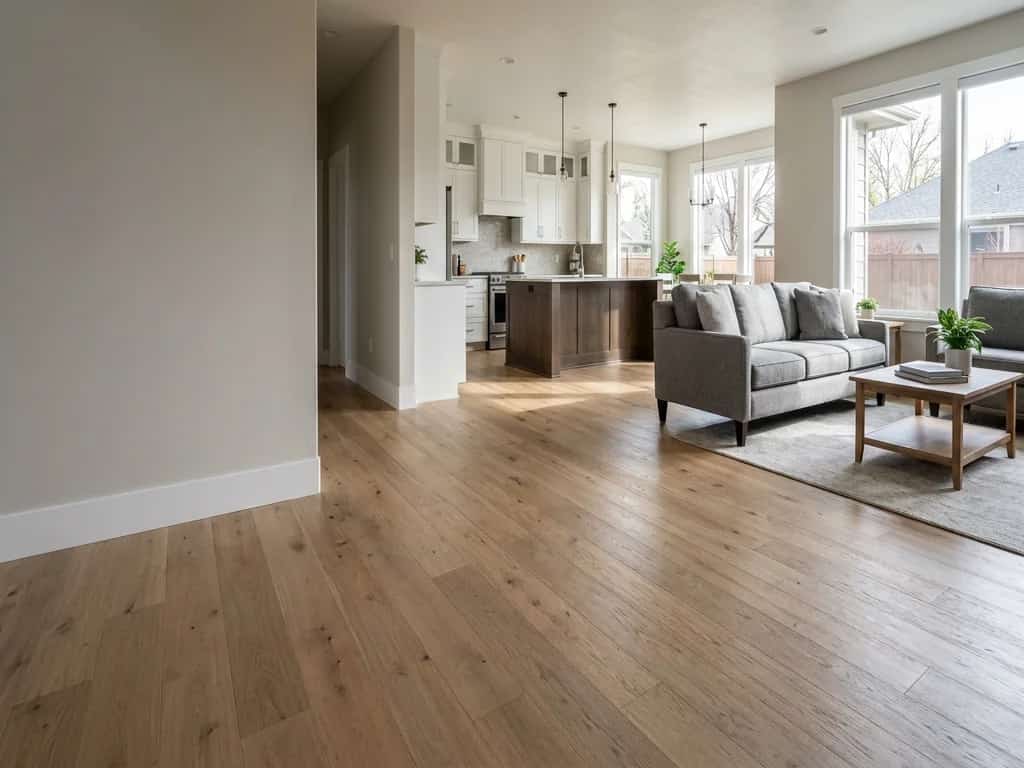 Wide-plank engineered hardwood flooring running through an open living space