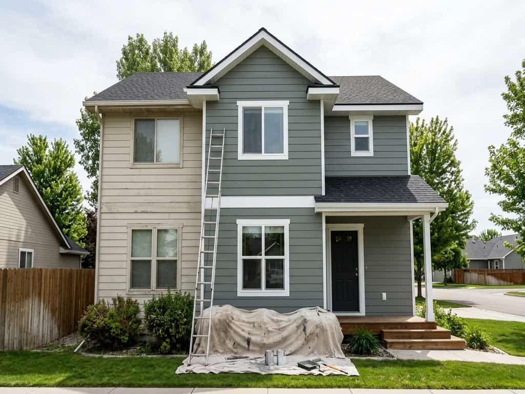 Exterior repaint in progress with fresh sage-gray paint beside the old faded siding
