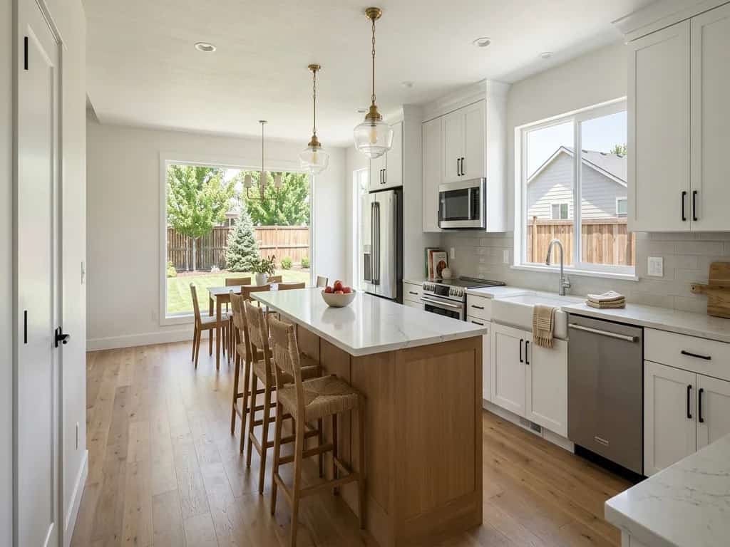 Remodeled Boise kitchen with a quartz island, white shaker cabinets and wood floors