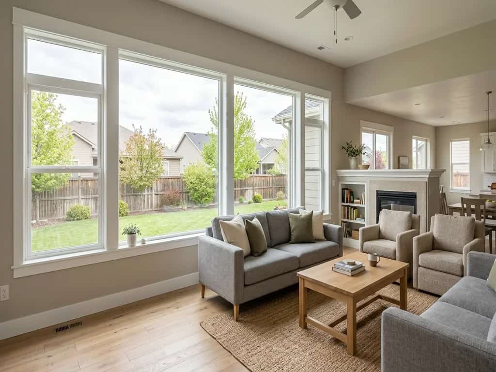Living room filled with daylight from new white-framed replacement windows